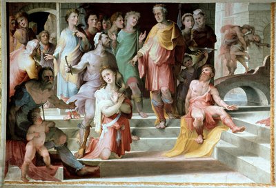 Seleucos de Locres (Seleucus de Locride)の生贄 Seleucosは息子が犯した強姦を罰するために、片目を死なせることを優先して、息子の目を失明させる。ドメニコ・ディ・ジャコモ・ディ・パーチェ・ディット・ベッカフミ（1486-1551）によるフレスコ画 1529-1535年 シエナ、パラ座 作： Domenico Beccafumi