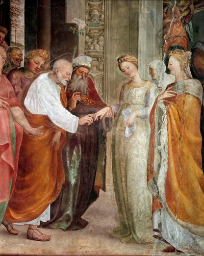 聖母の結婚式、詳細。ドメニコ・ベッカフミ（1486-1551）の絵画 作： Domenico Beccafumi
