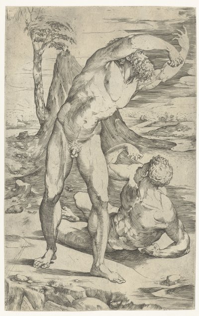 風景の中の 2 人の裸の男性 作： Domenico Beccafumi