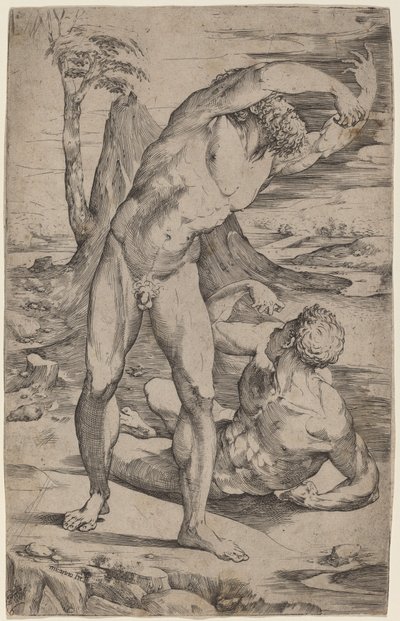 風景の中で身振りで示す 2 つの男性の裸体 作： Domenico Beccafumi