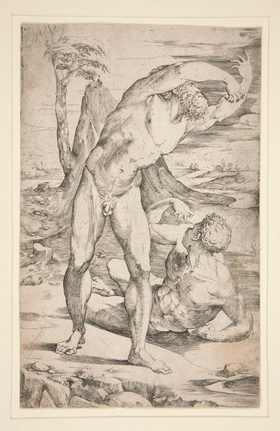 風景の中の 2 人の裸の男性 作： Domenico Beccafumi