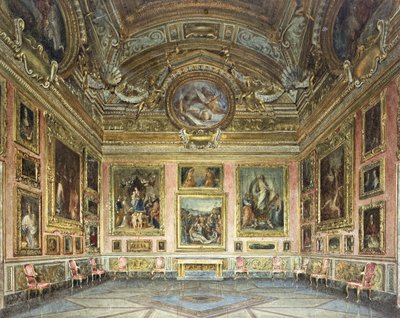フィレンツェのピッティ宮殿の内部：1871年のフラバルトロメオとラファエルの絵画が並ぶペルジーノの「哀歌」を伴うサトゥルノのサラ 作： Domenico Caligo