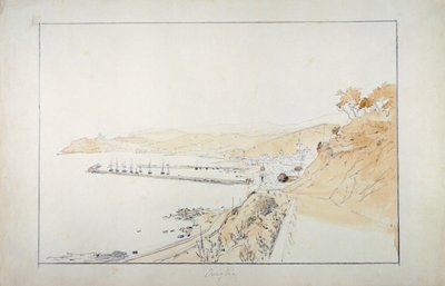 オネリアから見たポルト・マウリツィオ、1859年頃、パスクアーレ・ドメニコ・カンビアソ（1811-1894）作、イタリア 鉛筆と水彩画。 作： Domenico Cambiaso