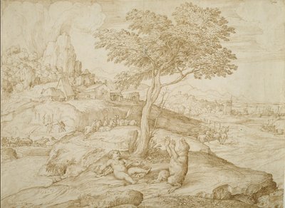 カリストがアルカスを産んだ後にクマに変身、1558年頃（クリーム色の紙にペンと茶色のインク） 作： Domenico Campagnola