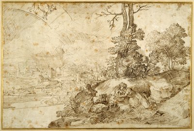 占星術のある風景」（紙にペンと茶色のインク 作： Domenico Campagnola