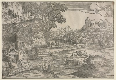 聖ヒエロニムスと 2 頭のライオンのいる風景 作： Domenico Campagnola