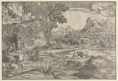 聖ジェロームと2頭のライオンのいる風景、c。 1530-35。 作： Domenico Campagnola