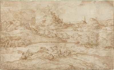オオカミを追い払う羊飼いのいる風景 作： Domenico Campagnola