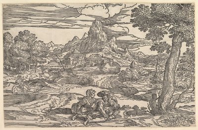 ハーディガーディを演奏する男性の隣に座っている女性のいる風景。 1540年。 作： Domenico Campagnola
