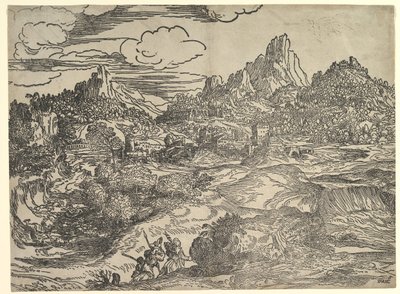 家族がフォアグラウンドで一緒に歩いている風景、左の2人の人物が...、ca。 1535-40。 作： Domenico Campagnola
