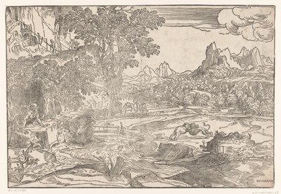 ヒエロニムスと 2 頭のライオンのいる風景 作： Domenico Campagnola
