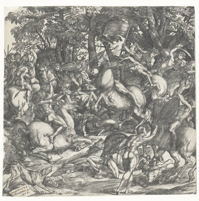 戦う馬に槍を持つ裸の男性 作： Domenico Campagnola