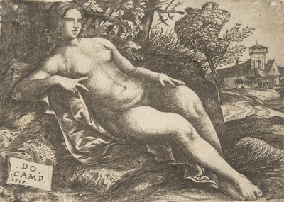 風景の中で横たわるヌードの女性ヴィーナス、1517年。 作： Domenico Campagnola