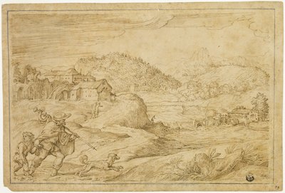 セントロクと犬と一緒に旅行する子供のいる川の風景 作： Domenico Campagnola