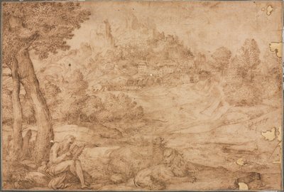 風景の中の聖ヒエロニムス 作： Domenico Campagnola