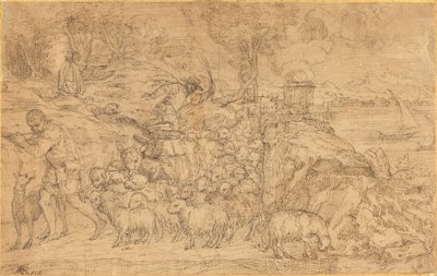 フルートを演奏し、群れを導く羊飼い 作： Domenico Campagnola