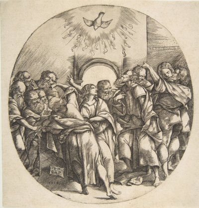 中央上部に翼を広げて降りてくる鳥としての聖霊、12 人の使徒たち、1518 年。 作： Domenico Campagnola