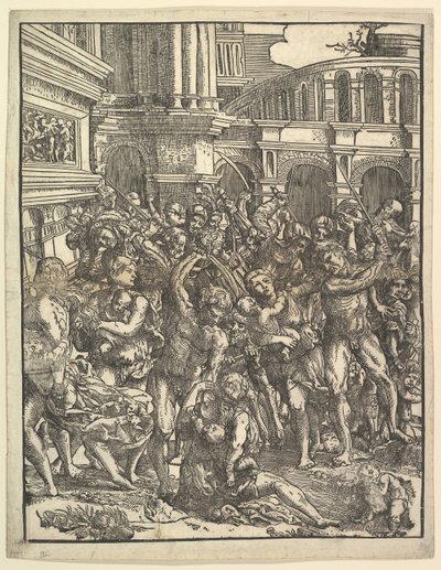罪のない人々の虐殺、男性のグループが女性を攻撃している、そして1517年。 作： Domenico Campagnola