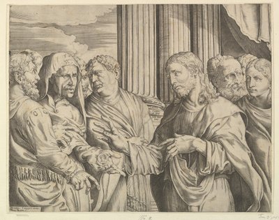Triubute Money：中央のキリストは、左の人にコインで身振りで示しています...、ca。 1564-89。 作： Domenico Campagnola