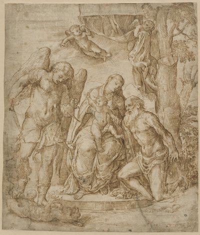 聖母子と聖人マイケルとジェローム、1520-25年頃 作： Domenico Campagnola