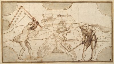 二人の農民の脱穀（紙にペンと茶色のインク、茶色の水彩）。 作： Domenico Campagnola