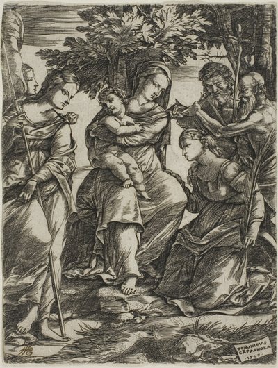 聖人と聖母子 作： Domenico Campagnola
