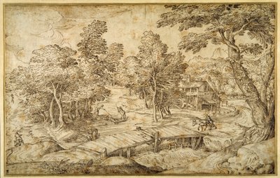 農家と水門に架かる木の橋がある森の風景（紙にペン・茶インク 作： Domenico Campagnola