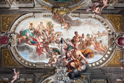 ヤヌス神殿の鍵をジュピターに捧げる場面（または平和の寓意）、貴賓階の天井。
1665年頃（フレスコ画 作： Domenico I Piola