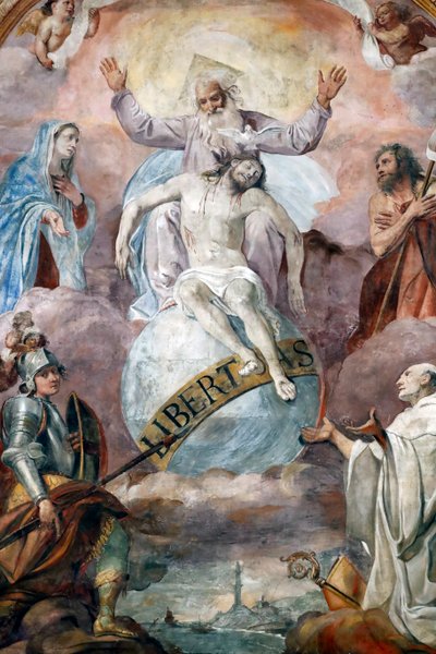 イエスと父なる神フレスコ画。ジェノバ。イタリア 作： Domenico Il Sarzana Fiasella