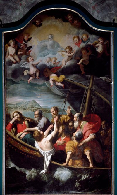 聖ニコラスが嵐を鎮める。ドメニコ・フィアセラ・ディット・イル・サルザナ（1589-1669）の絵画 サンタ・マリア・デッル・アスンタ教会（セストリ・ポネンテ 作： Domenico Il Sarzana Fiasella