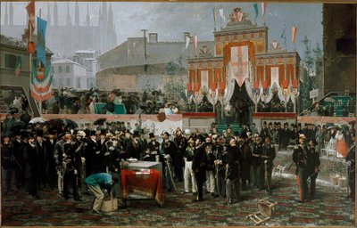 1865年3月7日、ヴィットリオ・エマヌエーレ2世ギャラリーの定礎式（木地に油彩 作： Domenico Induno
