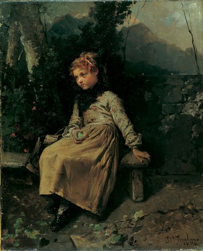 庭に座っている小さな女の子 作： Domenico Induno
