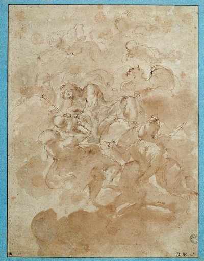 ジュピターがバッカスをメルキュールに託す ドメニコ・カヌーティ（1620-1684）による茶色のウォッシュと血のドローイング パリルーヴル美術館 作： Domenico Maria Canuti