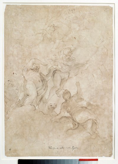 ジュピターがバッカスをメルキュールに託す ドメニコ・カヌーティ（1620-1684）による茶色のウォッシュと血のドローイング パリルーヴル美術館 作： Domenico Maria Canuti