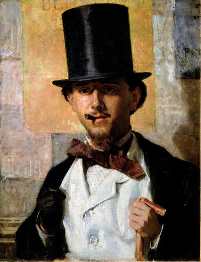 イタリア人画家ベルナルド・チェレンターノ（1835-1863）の肖像 トップハットにスーツ、蝶ネクタイ、杖と手袋をつけたエレガントな男性。ドメニコ・モレッリ（1826-1901）による絵画 1859年 日67x52 cm ローマ、Galleria Nazionale d