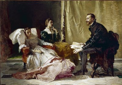 エレオノーラ・デステに「自由なゲルサレム」を読むトルカート・タッソ - 油彩・キャンバス 作： Domenico Morelli