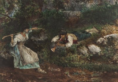羊飼いに誘われたイタリアのコンタディーナ（紙にトイレ） 作： Domenico Pennacchini