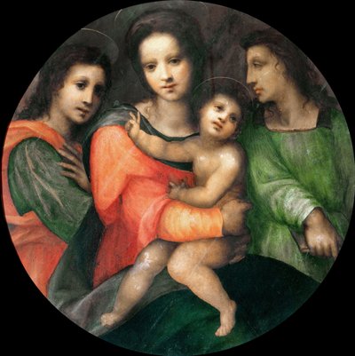 マドンナとチャイルドと二人の天使。 作： Domenico Puligo