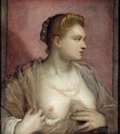 彼女の胸をむき出しの女性 作： Domenico Robusti Tintoretto