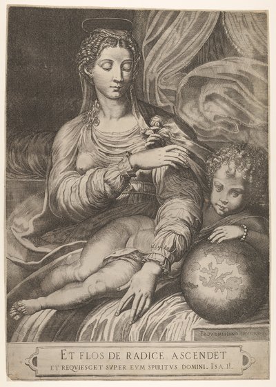 薔薇の聖母、彼女はキリストの子供が持っている薔薇に手を伸ばす。 作： Domenico Tibaldi