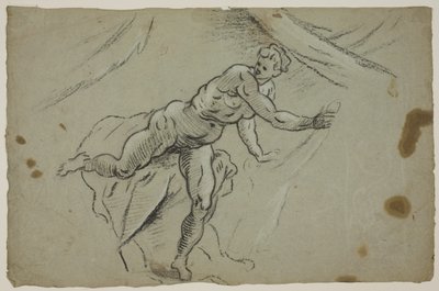 布切れを手に急いでテントを出るヌードの女性 作： Domenico Tintoretto