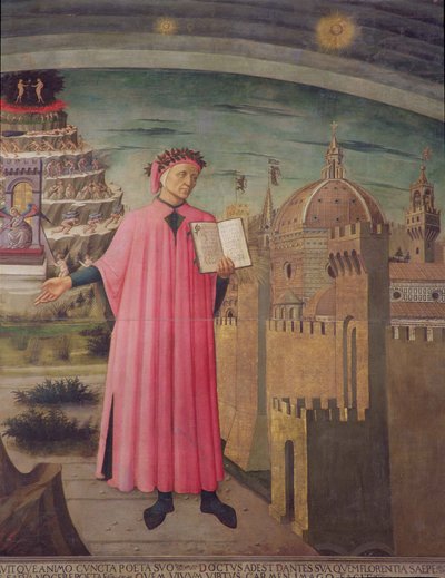 42355のパネル詳細での神曲のテンペラからのDanteの読み取り 作： Domenico di Michelino