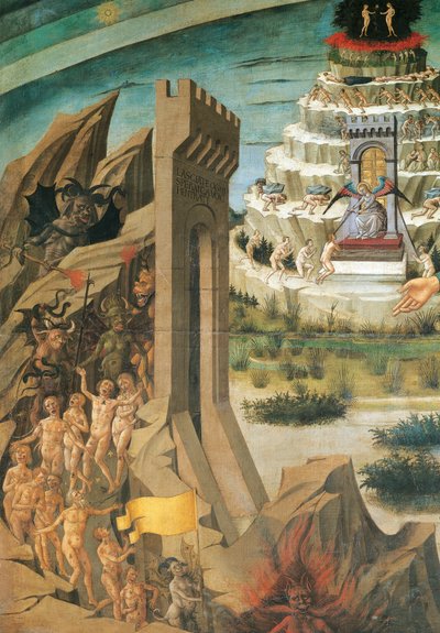 ドメニコ・ディ・ミケリーノ（1417-1491）によるフレスコ画「神曲を抱くダンテ」の細部「呪われた者たち」（イタリア、フィレンツェのサンタ・マリア・デル・フィオーレ大聖堂 作： Domenico di Michelino