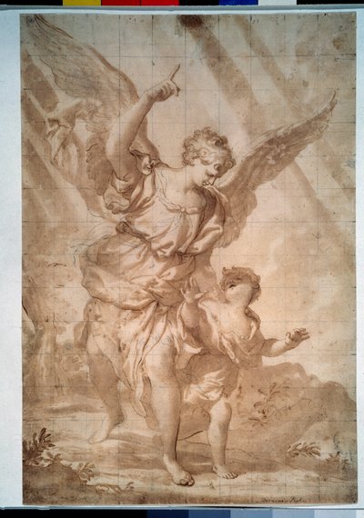 ""The Guardian Angel"" (守護天使) Domenico Piola (1627-1703) によるペン画 プーシキン美術館、モスクワ 作： Domenico the Elder Piola