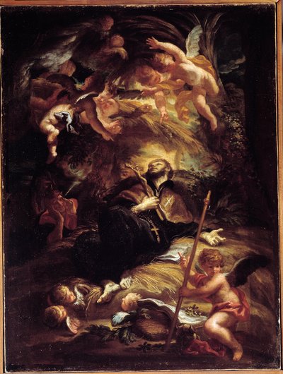 スペインのイエズス会宣教師フランソワ・ザビエル（Francois-Xavier）（1506-1552）の死（聖フランソワ・ザビエルの死） ドメニコ・ピオラ（1627-1703）の絵画 Genes, Musei di Strada Nuova (ex Palazzo Bianco) 作： Domenico the Elder Piola