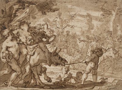 バッカスの勝利、1642-1703年頃（ペンと茶色のインク、敷き紙の上に赤いチョークで洗う） 作： Domenico the Elder Piola