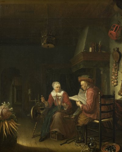 読書する男性と糸を紡ぐ女性がいるインテリア 作： Domenicus van Tol