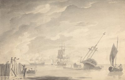 戦闘シーン、戦艦三隻、沈没の一隻。 手漕ぎボートと立ち桟橋の左図 作： Dominic Serres