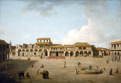 ハバナ広場（キューバ）、1762年8月と9月、イギリス占領下、赤い軍服を着た兵士の部隊と、噴水の近くにある建物と数人のイギリス人水兵の描写。 作： Dominic Serres