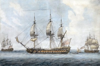 ソレント（イギリス）で、3つの異なる角度から見たイギリスの74門艦の肖像。ドミニク・セレス・ジ・エルダー（1719-1793）作、1788年頃の水彩画。 作： Dominic Serres